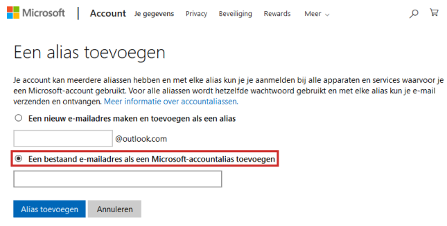 een bestaand e-mailadres als alias toevoegen